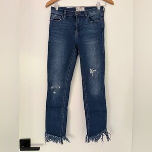 Free People Dark Blue Distressed Skinny Jeans with Frayed Hem